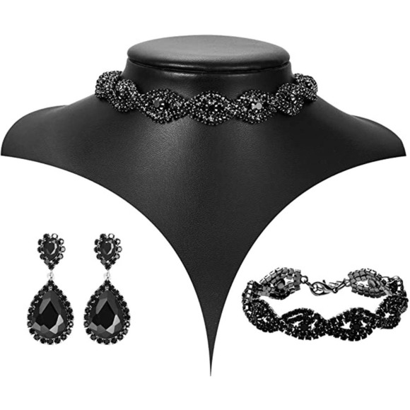 Black Silver Crystal Necklace Set CZ Cubic Rhinestone Necklace Bracelet Earrings - Picture 1 of 6